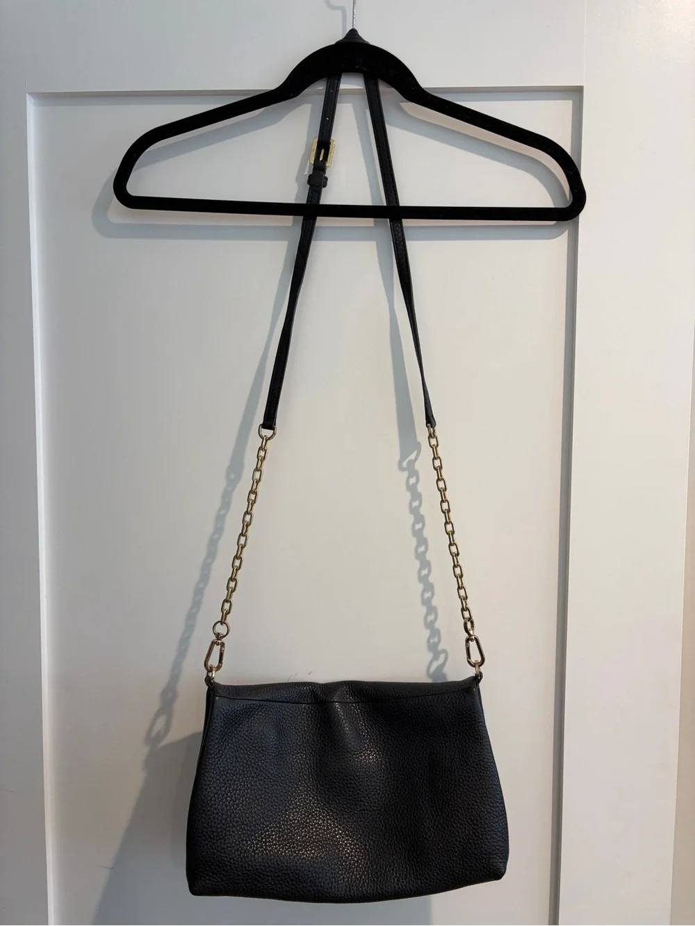 Tory Burch Black Pebbled Leather Fold-Over Crossbody with Gold Chain